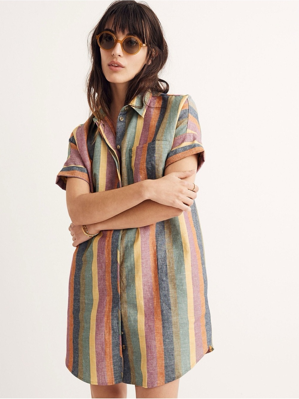 Madewell Muted Fall Rainbow Courier Shirt Linen Blend Collared Dress